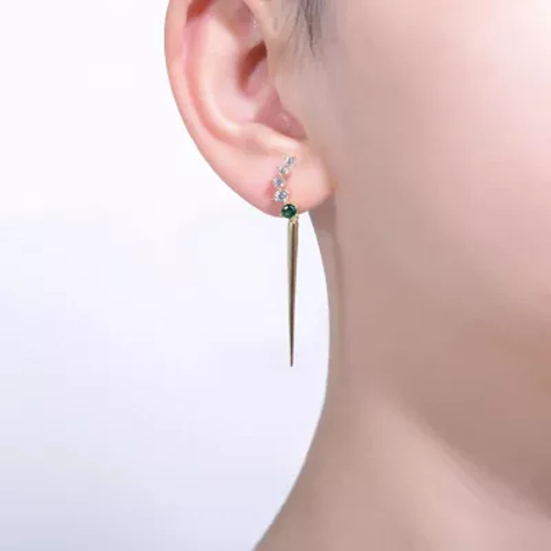 Lab Created Elegant Waterfall Spike Dangle Earrings in 14k Yellow Gold Plating with Emerald & Cubic Zirconia