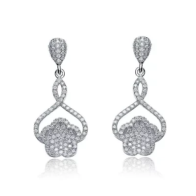 Lab Created Sterling Silver White Gold Plated with Clear Cubic Zirconia Petal Drop Earrings