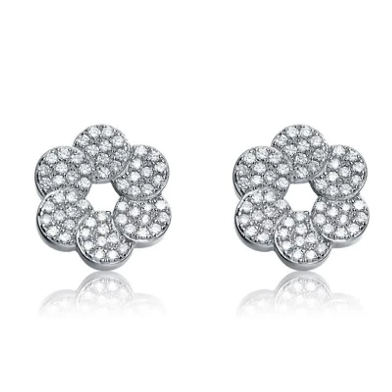 Lab Created Sterling Silver White Gold Plated with Clear Cubic Zirconia Round Flower Shape Earrings