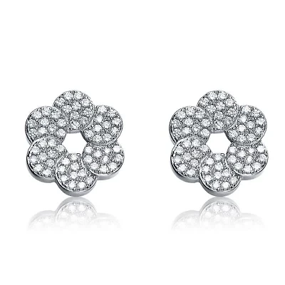 Lab Created Sterling Silver White Gold Plated with Clear Cubic Zirconia Round Flower Shape Earrings