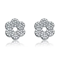 Lab Created Sterling Silver White Gold Plated with Clear Cubic Zirconia Round Flower Shape Earrings