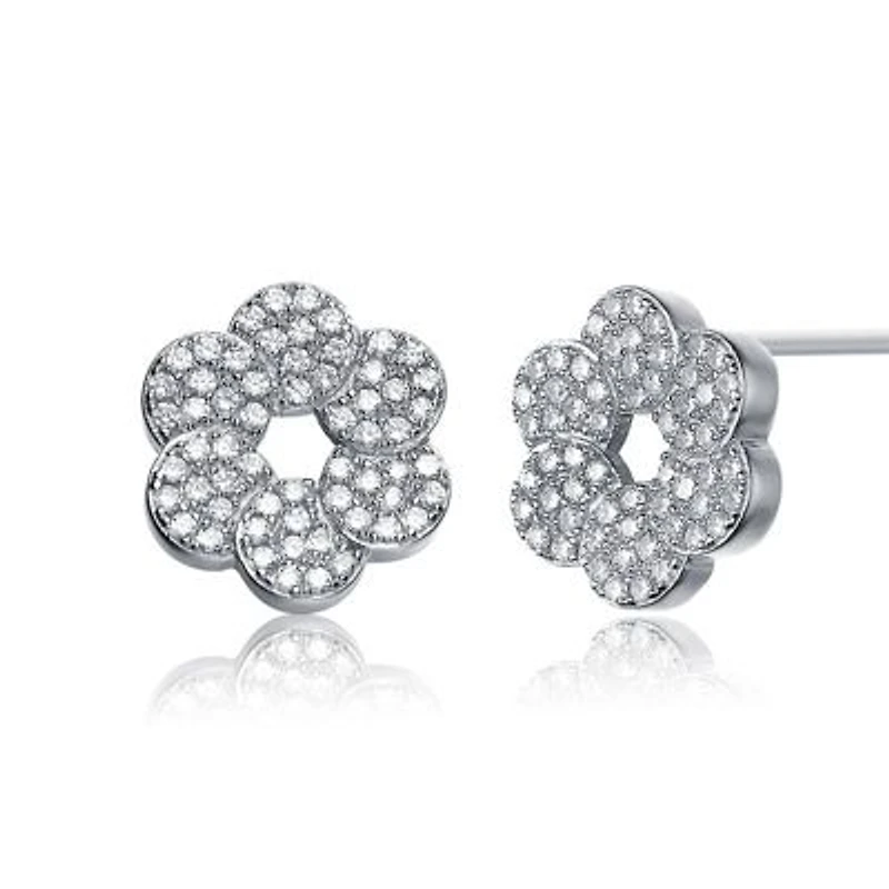 Lab Created Sterling Silver White Gold Plated with Clear Cubic Zirconia Round Flower Shape Earrings
