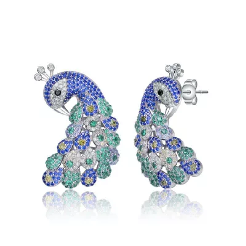 Lab Created Sterling Silver White Gold Plated with Sapphire Blue & Emerald Green Cubic Zirconia "Peacock" Butterfly Earrings