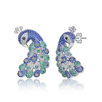 Lab Created Sterling Silver White Gold Plated with Sapphire Blue & Emerald Green Cubic Zirconia "Peacock" Butterfly Earrings