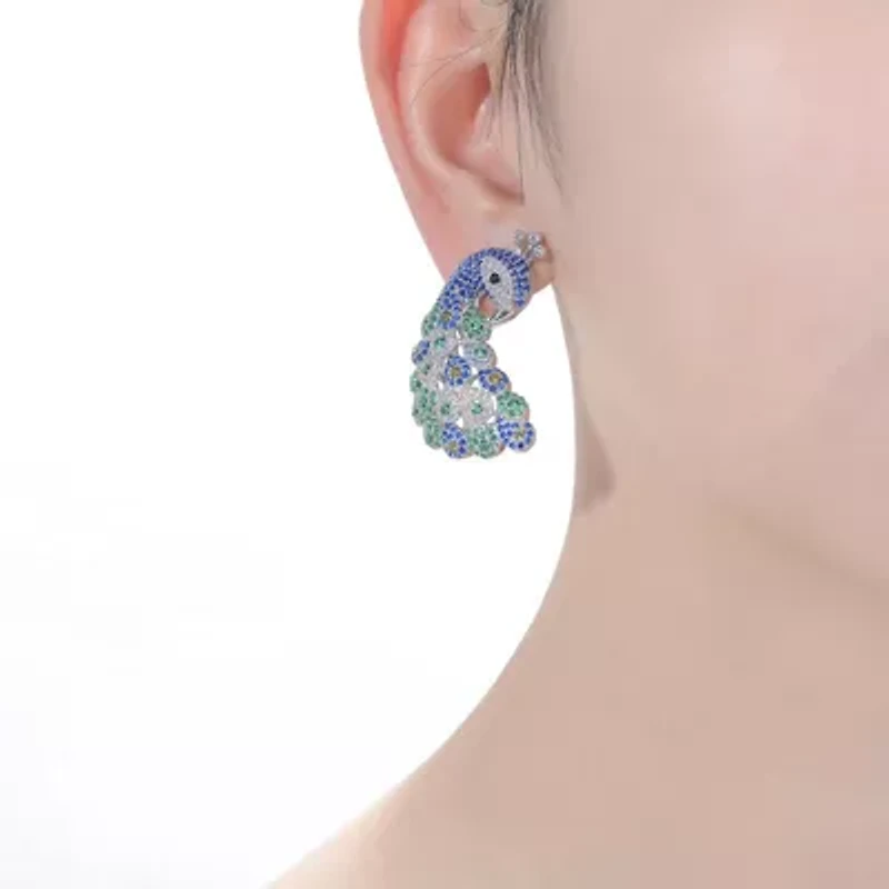 Lab Created Sterling Silver White Gold Plated with Sapphire Blue & Emerald Green Cubic Zirconia "Peacock" Butterfly Earrings