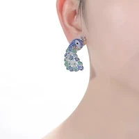 Lab Created Sterling Silver White Gold Plated with Sapphire Blue & Emerald Green Cubic Zirconia "Peacock" Butterfly Earrings