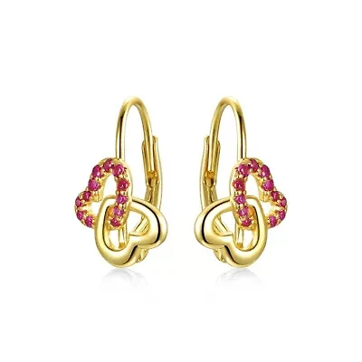 Lab Created Kids Sterling Silver 14k Yellow Gold Plated with Ruby & Double Heart Halo Drop Leverback Earrings.