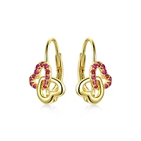 Lab Created Kids Sterling Silver 14k Yellow Gold Plated with Ruby & Double Heart Halo Drop Leverback Earrings.