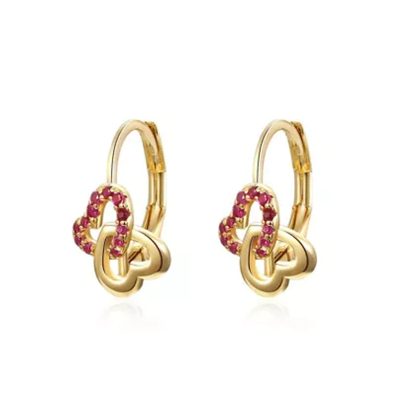 Lab Created Kids Sterling Silver 14k Yellow Gold Plated with Ruby & Double Heart Halo Drop Leverback Earrings.