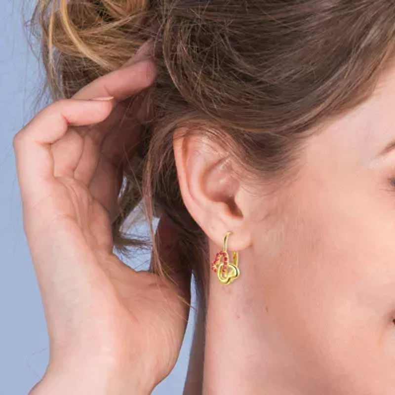Lab Created Kids Sterling Silver 14k Yellow Gold Plated with Ruby & Double Heart Halo Drop Leverback Earrings.