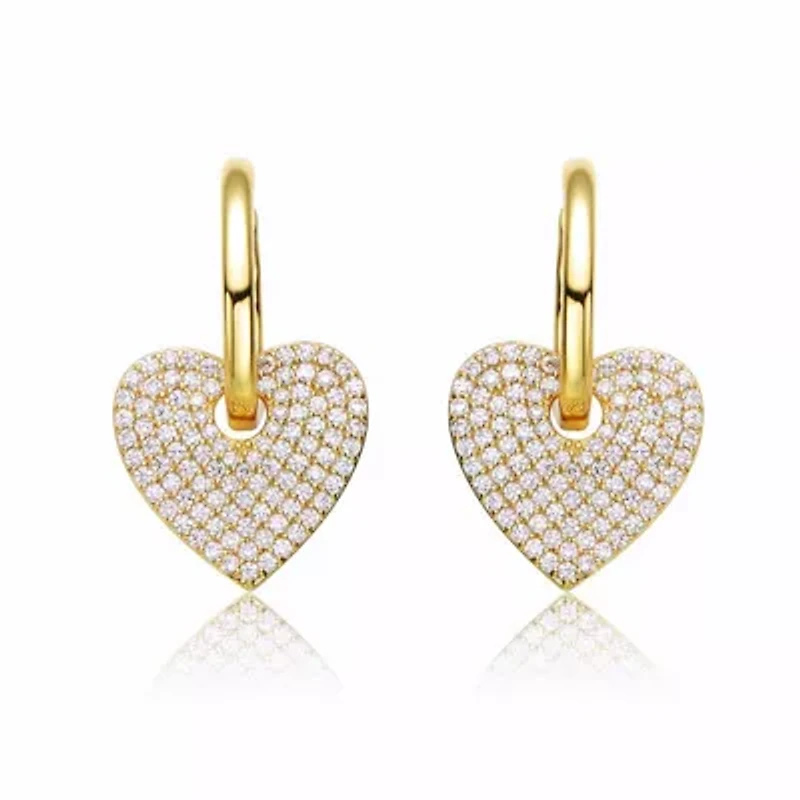 Lab Created Sterling Silver 14K Gold Plated with Clear Cubic Zirconia Heart Dangle Hoop Drop Earrings for Teens