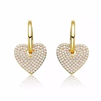 Lab Created Sterling Silver 14K Gold Plated with Clear Cubic Zirconia Heart Dangle Hoop Drop Earrings for Teens