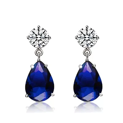 Lab Created Sterling Silver White Gold Plated with Sapphire Blue Cubic Zirconia Dangling Earrings