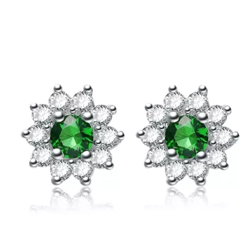 Lab Created Sterling Silver White Gold Plated With Round Emerald Green Cubic Zirconia Flower Stud Earrings