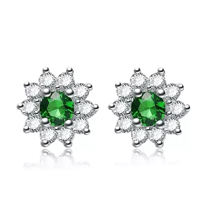 Lab Created Sterling Silver White Gold Plated With Round Emerald Green Cubic Zirconia Flower Stud Earrings