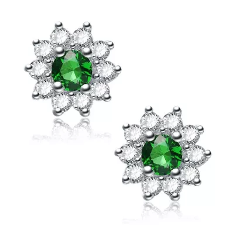 Lab Created Sterling Silver White Gold Plated With Round Emerald Green Cubic Zirconia Flower Stud Earrings