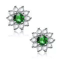 Lab Created Sterling Silver White Gold Plated With Round Emerald Green Cubic Zirconia Flower Stud Earrings