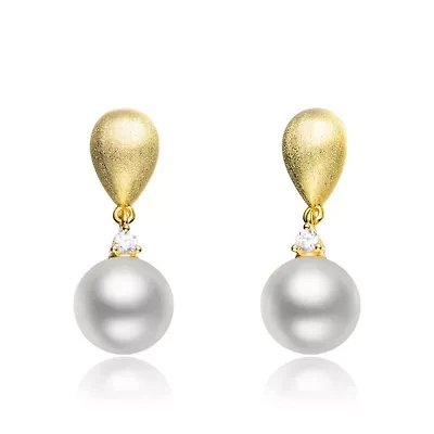 Lab Created Sterling Silver 14K Gold Plated with White Pearl Drop Earrings