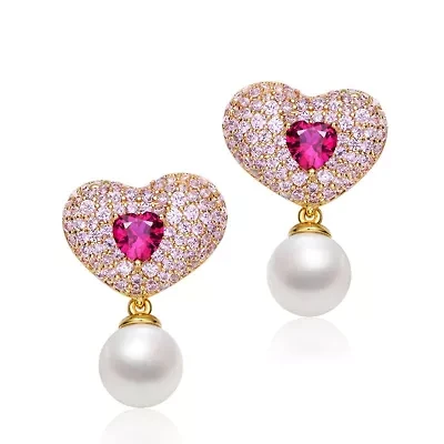 Lab Created Sterling Silver 14K Gold Plated with Ruby Red Cubic Zirconia Heart Earrings with Drop Pearl