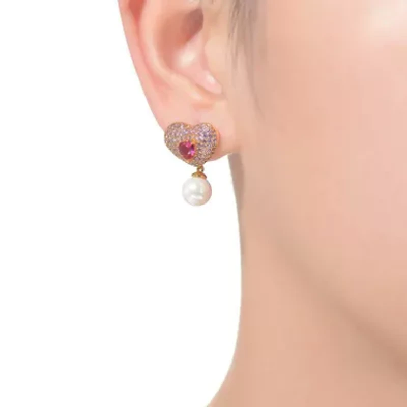 Lab Created Sterling Silver 14K Gold Plated with Ruby Red Cubic Zirconia Heart Earrings with Drop Pearl