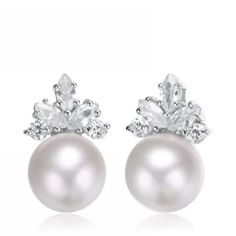 Lab Created Sterling Silver White Gold Plating with Clear Cubic Zirconia & White Fresh Water Pearl Drop Earrings