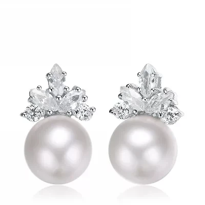 Lab Created Sterling Silver White Gold Plating with Clear Cubic Zirconia & White Fresh Water Pearl Drop Earrings
