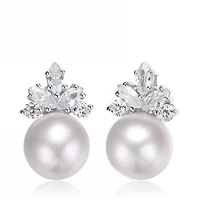Lab Created Sterling Silver White Gold Plating with Clear Cubic Zirconia & White Fresh Water Pearl Drop Earrings