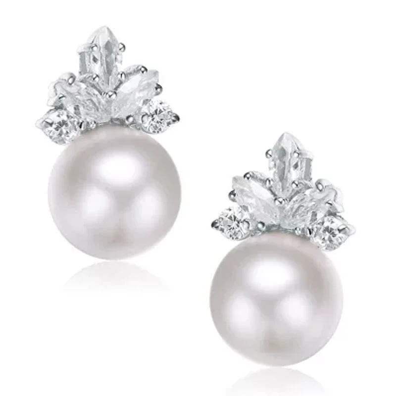 Lab Created Sterling Silver White Gold Plating with Clear Cubic Zirconia & White Fresh Water Pearl Drop Earrings