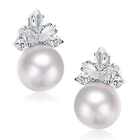 Lab Created Sterling Silver White Gold Plating with Clear Cubic Zirconia & White Fresh Water Pearl Drop Earrings