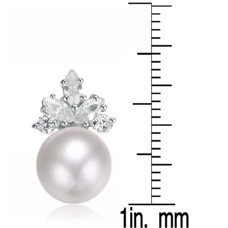 Lab Created Sterling Silver White Gold Plating with Clear Cubic Zirconia & White Fresh Water Pearl Drop Earrings