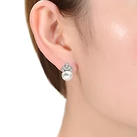 Lab Created Sterling Silver White Gold Plating with Clear Cubic Zirconia & White Fresh Water Pearl Drop Earrings