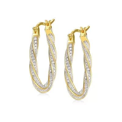 Lab Created Sterling Silver 14K Gold Plated with Clear Cubic Zirconia Oval Oblong Twist Hoop Earrings