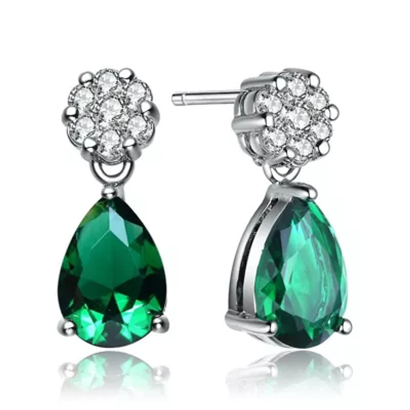 Lab Created Sterling Silver White Gold Plated with Emerald Green Cubic Zirconia Teardrop Earrings