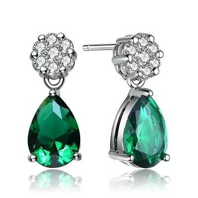 Lab Created Sterling Silver White Gold Plated with Emerald Green Cubic Zirconia Teardrop Earrings