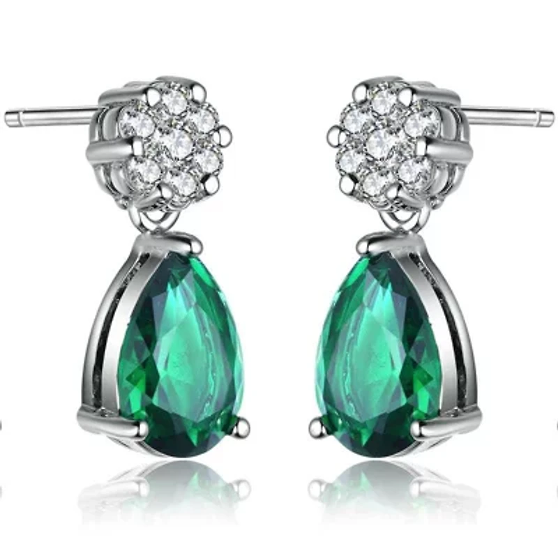 Lab Created Sterling Silver White Gold Plated with Emerald Green Cubic Zirconia Teardrop Earrings