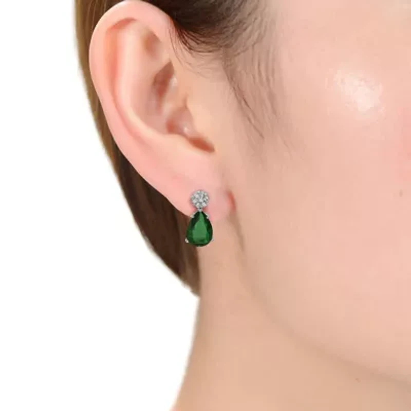 Lab Created Sterling Silver White Gold Plated with Emerald Green Cubic Zirconia Teardrop Earrings
