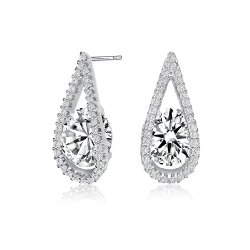 Lab Created Sterling Silver White Gold Plated with Clear Round Cubic Zirconia Pear Frame Halo Earrings
