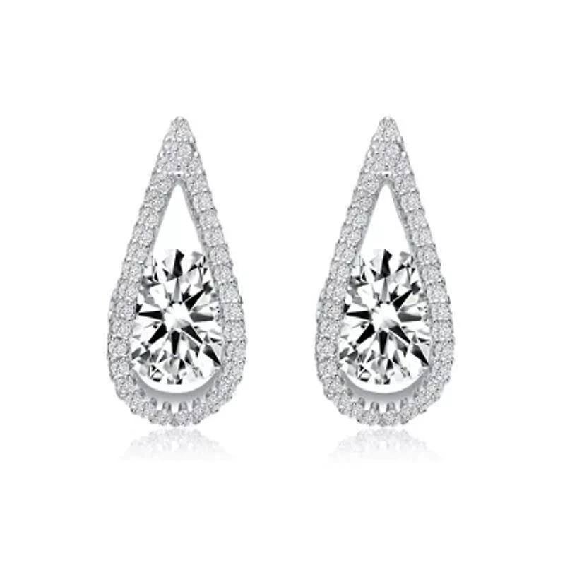 Lab Created Sterling Silver White Gold Plated with Clear Round Cubic Zirconia Pear Frame Halo Earrings