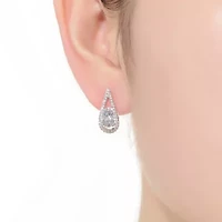 Lab Created Sterling Silver White Gold Plated with Clear Round Cubic Zirconia Pear Frame Halo Earrings