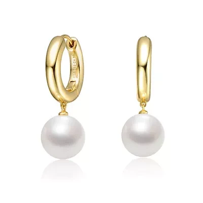 Lab Created Sterling Silver 14K Gold Plated with White Pearl Huggie Drop Earrings