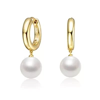 Lab Created Sterling Silver 14K Gold Plated with White Pearl Huggie Drop Earrings