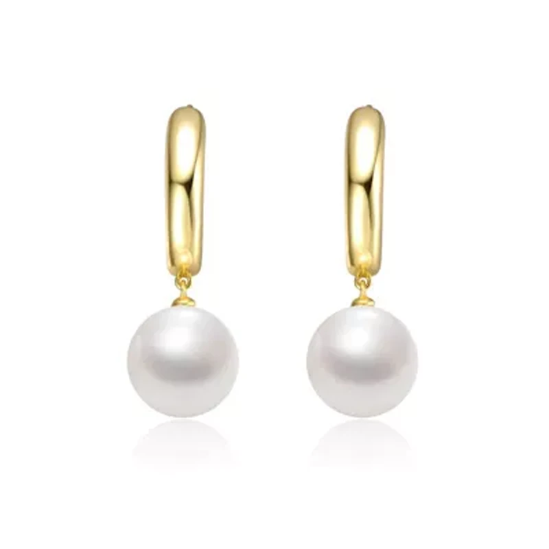 Lab Created Sterling Silver 14K Gold Plated with White Pearl Huggie Drop Earrings