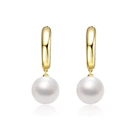 Lab Created Sterling Silver 14K Gold Plated with White Pearl Huggie Drop Earrings