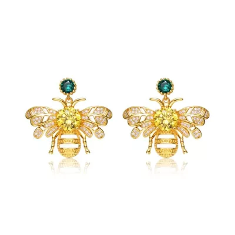 Lab Created Sterling Silver 14K Gold Plated with Green Cubic Zirconia Bee Stud Butterfly Earrings