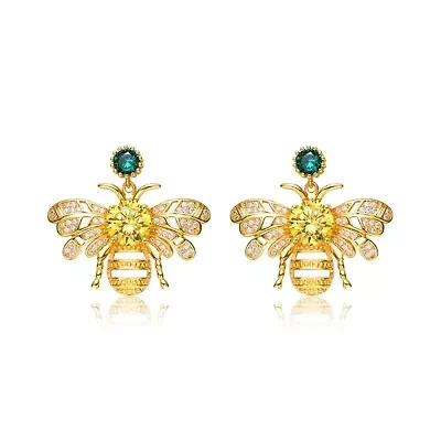 Lab Created Sterling Silver 14K Gold Plated with Green Cubic Zirconia Bee Stud Butterfly Earrings