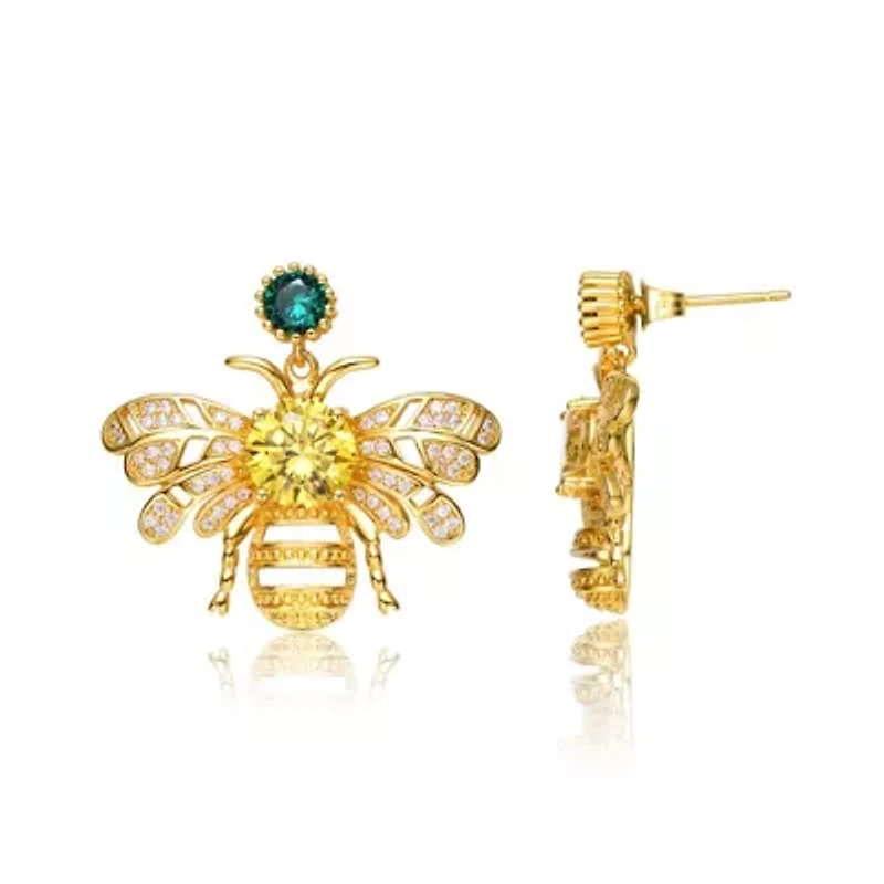 Lab Created Sterling Silver 14K Gold Plated with Green Cubic Zirconia Bee Stud Butterfly Earrings