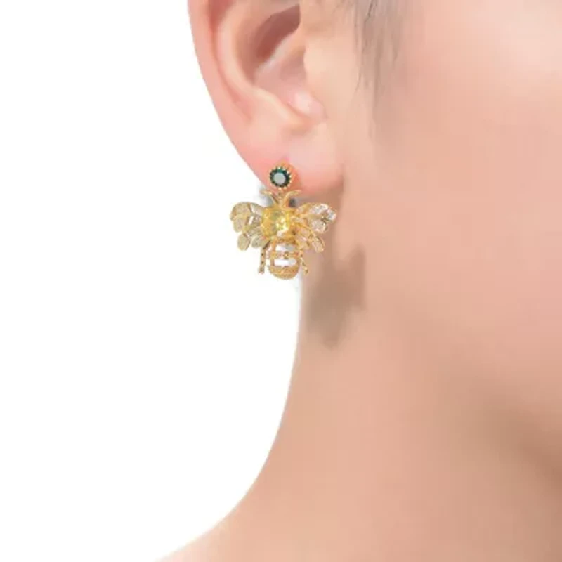 Lab Created Sterling Silver 14K Gold Plated with Green Cubic Zirconia Bee Stud Butterfly Earrings
