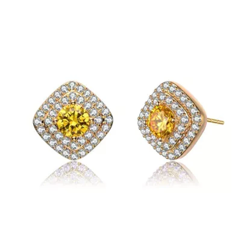 Lab Created 14K Gold Plated with Yellow Cubic Zirconia Square Halo Stud Earrings