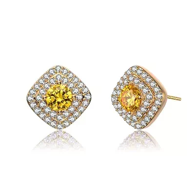 Lab Created 14K Gold Plated with Yellow Cubic Zirconia Square Halo Stud Earrings