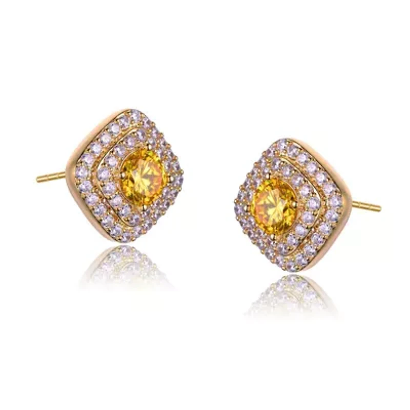 Lab Created 14K Gold Plated with Yellow Cubic Zirconia Square Halo Stud Earrings
